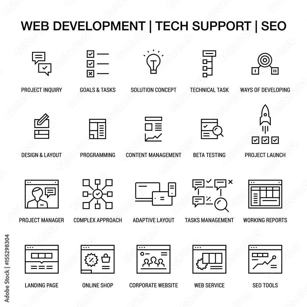 Fototapeta premium Web developing. Tech support. SEO. Icons set. Linear. Black on white.