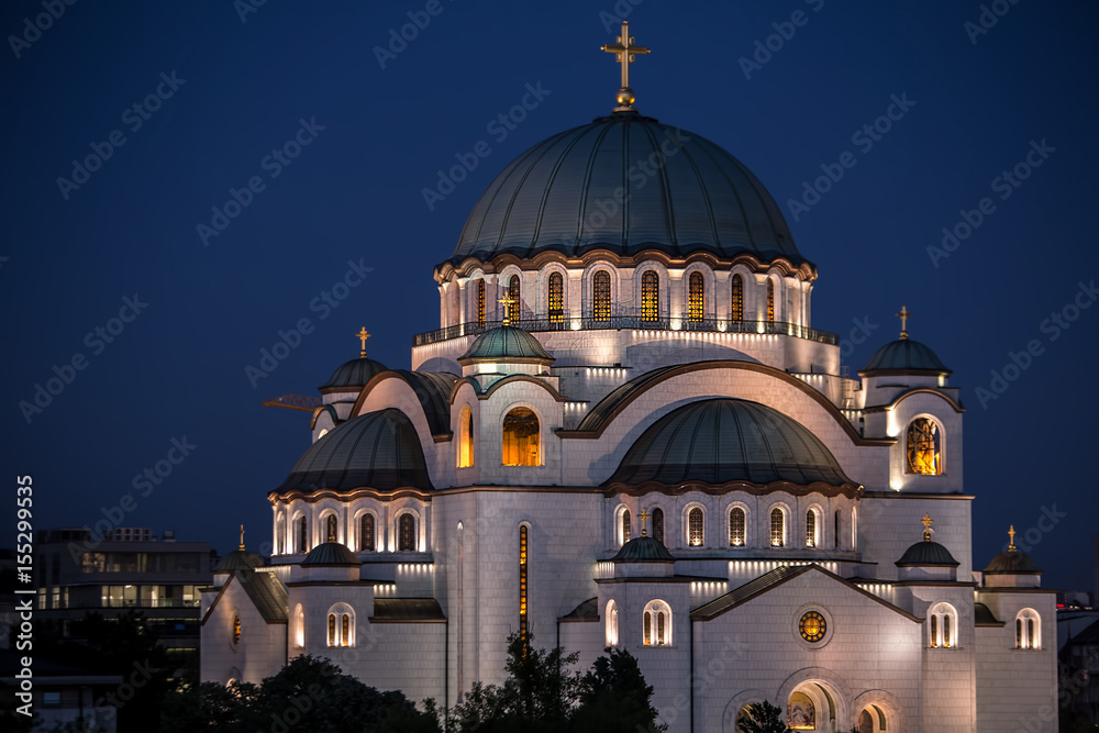 Saint Sava temple illuminated in the evening, Belgrade, Serbia