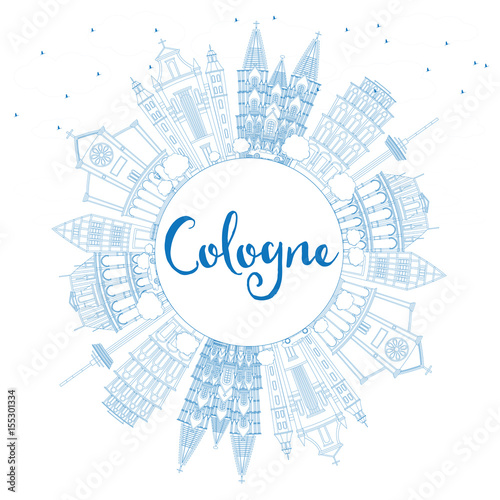 Outline Cologne Skyline with Blue Buildings and Copy Space.