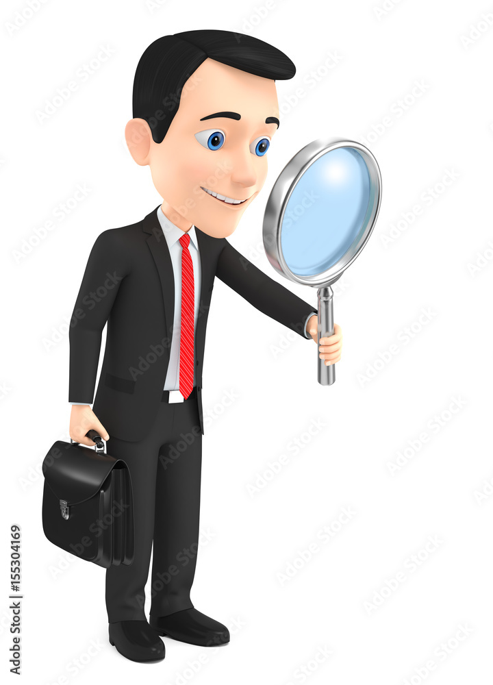 Successful businessman with magnifying glass. 3d render illustration.