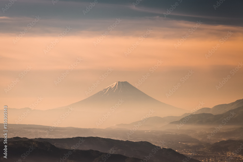 Mountain Fuji with sunrise sky in autumn season