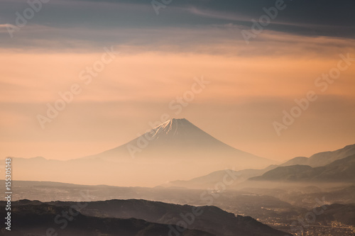 Mountain Fuji with sunrise sky in autumn season