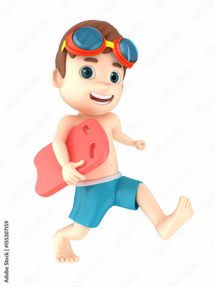 3d render of a kid wearing swimwear and goggles running holding a floater