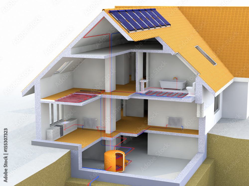 Alternative Heated House With Solar Panels, Geothermal Heating System, Solar  Panels Heating, Warm floor, Under Floor Heating Systems, Renewable Energy  Home Concept - 3D Rendering Stock Illustration | Adobe Stock