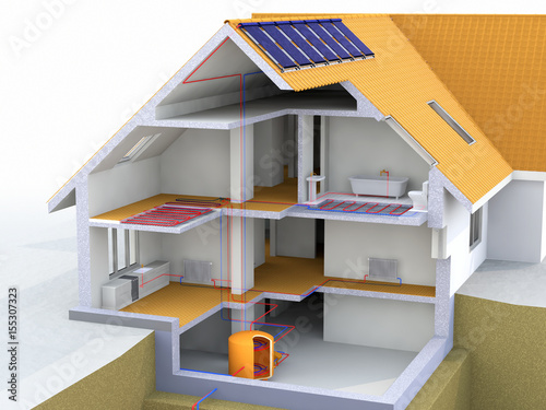 Alternative Heated House With Solar Panels, Geothermal Heating System, Solar Panels Heating, Warm floor, Under Floor Heating Systems, Renewable Energy Home Concept - 3D Rendering