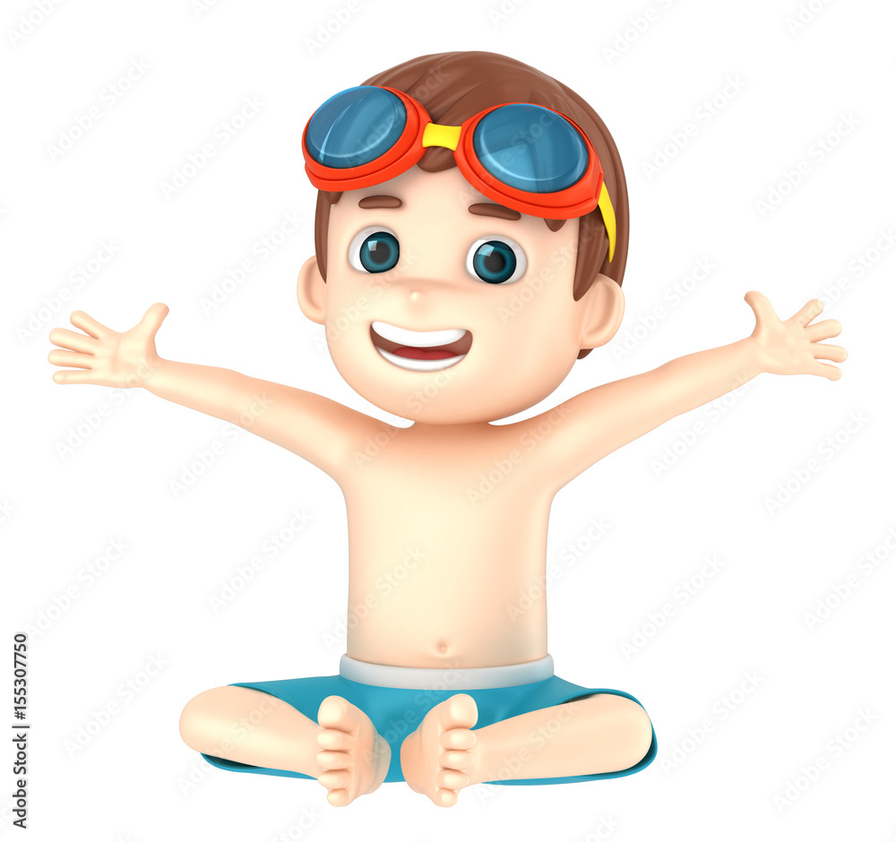3d render of a kid wearing swimwear and goggles sitting and arms wide open