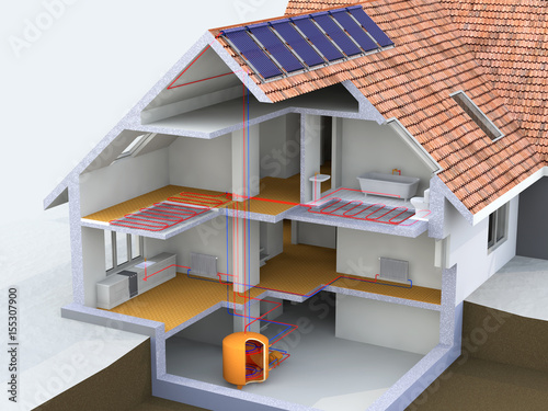 Fotografia Alternative Heated House With Solar Panels, Geothermal Heating System, Solar Pan