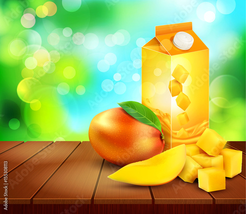 Vector pack of mango juice with slices and diced mango standing on a wooden table on the background of the sky and green foliage