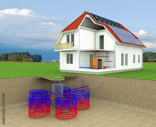 Geothermal Powered House With Solar Panels, Geothermal Heating, Alternative Geothermal energy, Under Floor Heating Systems, Energy Efficient House, Renewable Energy Home Concept - 3D Rendering