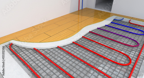Radiant Underfloor Heating, Heating Systems, Warm floor, Under Floor Heating Systems, Renewable Energy Home Concept - 3D Rendering