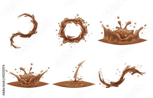 Chocolate Flowing Splash Drop Wave Whirlpool Vortex Cartoon Icon Set Isolated Design Vector Illustration