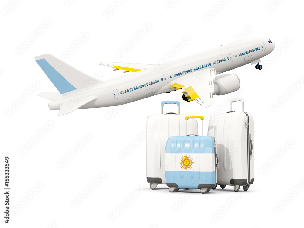 Luggage with flag of argentina. Three bags with airplane