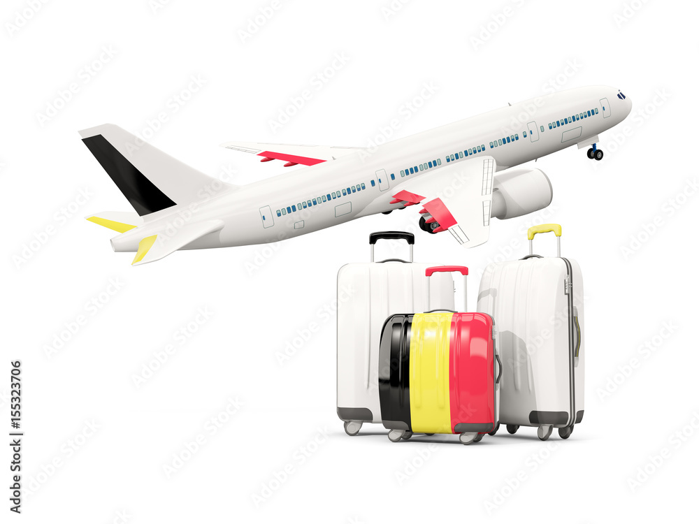 Luggage with flag of belgium. Three bags with airplane