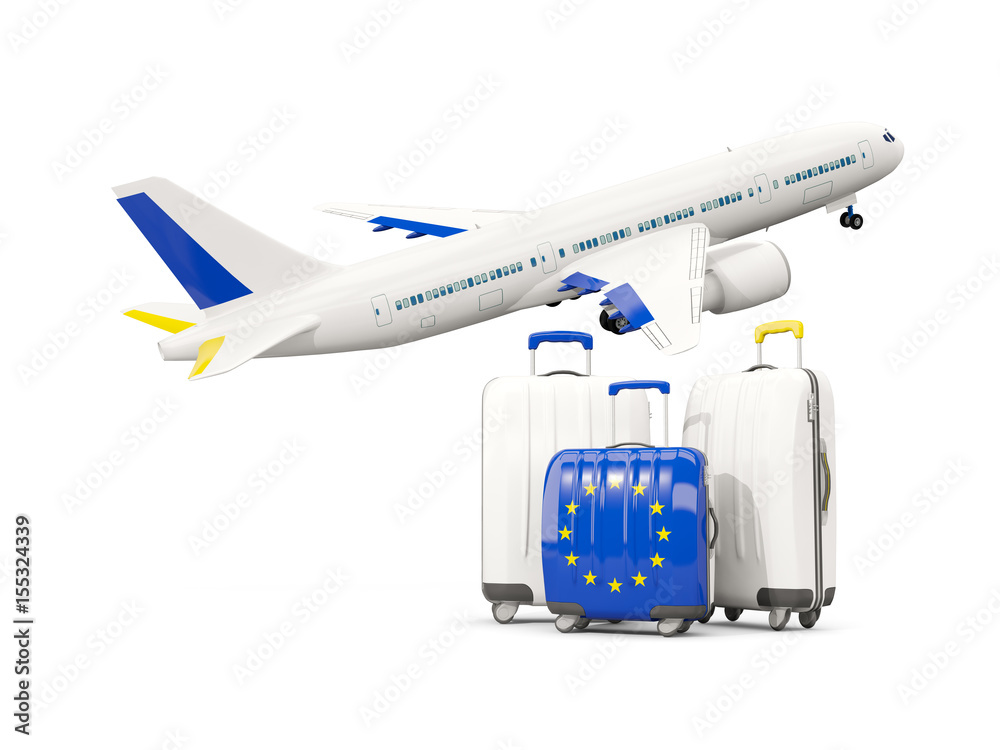 Luggage with flag of european union. Three bags with airplane