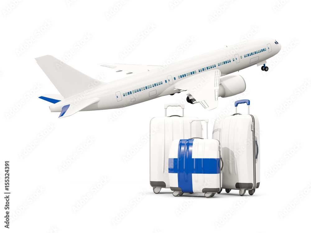 Luggage with flag of finland. Three bags with airplane