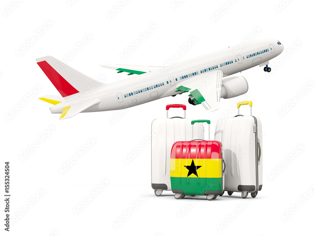 Luggage with flag of ghana. Three bags with airplane