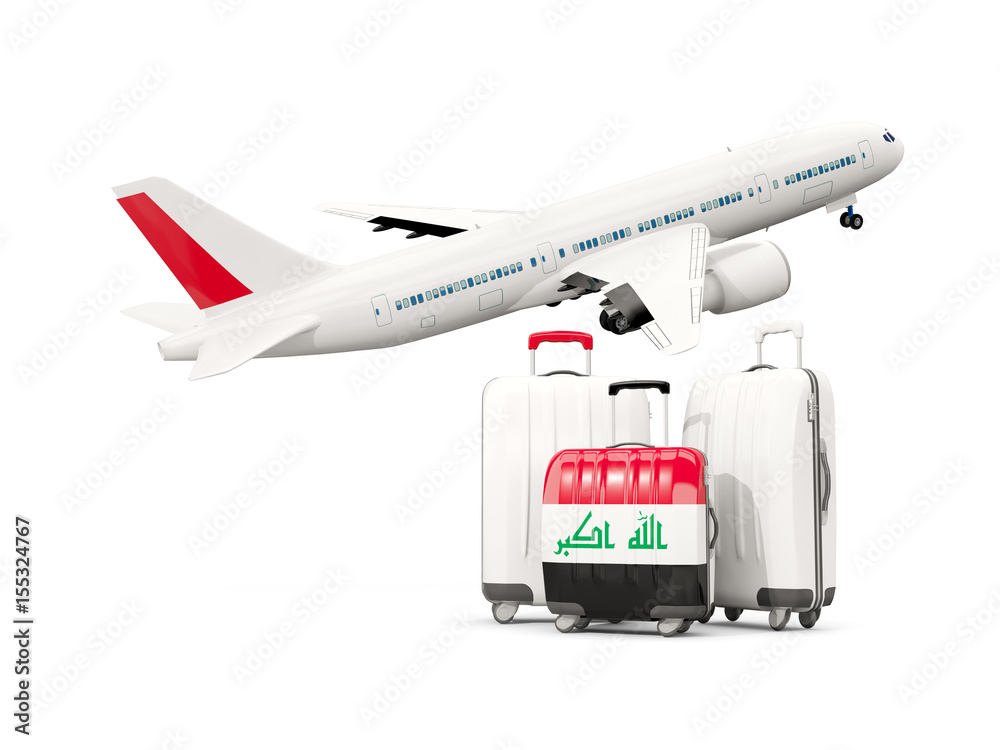 Luggage with flag of iraq. Three bags with airplane