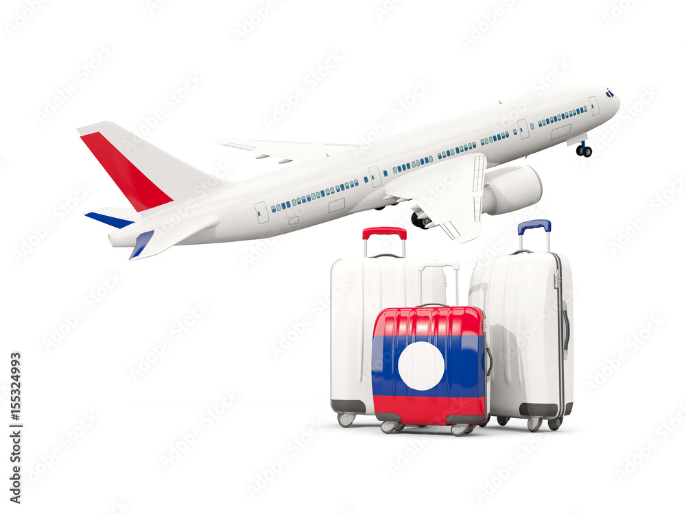 Luggage with flag of laos. Three bags with airplane