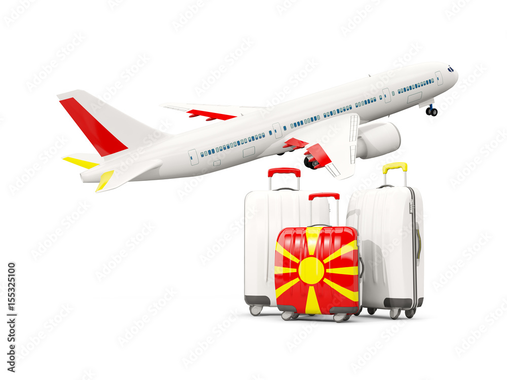 Luggage with flag of macedonia. Three bags with airplane Luggage with flag of macedonia. Three bags with airplane