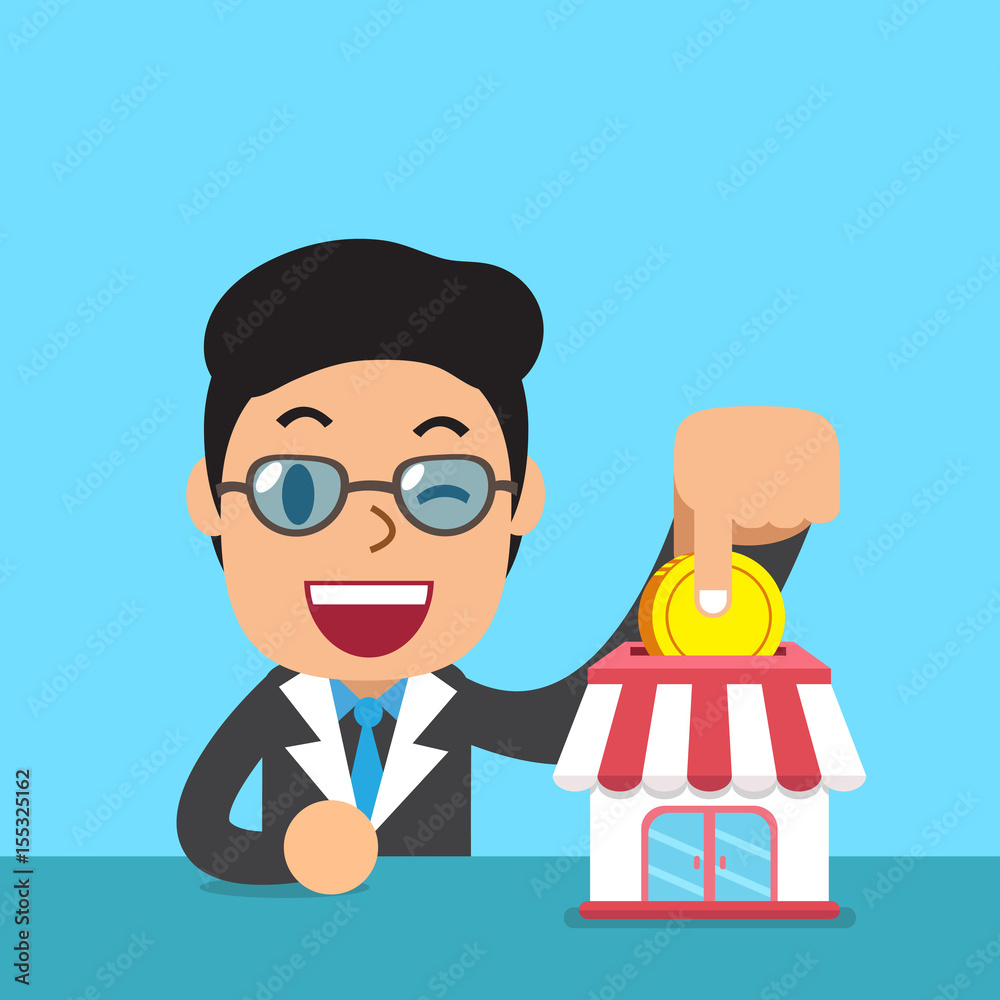 Cartoon businessman putting coin into business store Cartoon businessman putting coin into business store