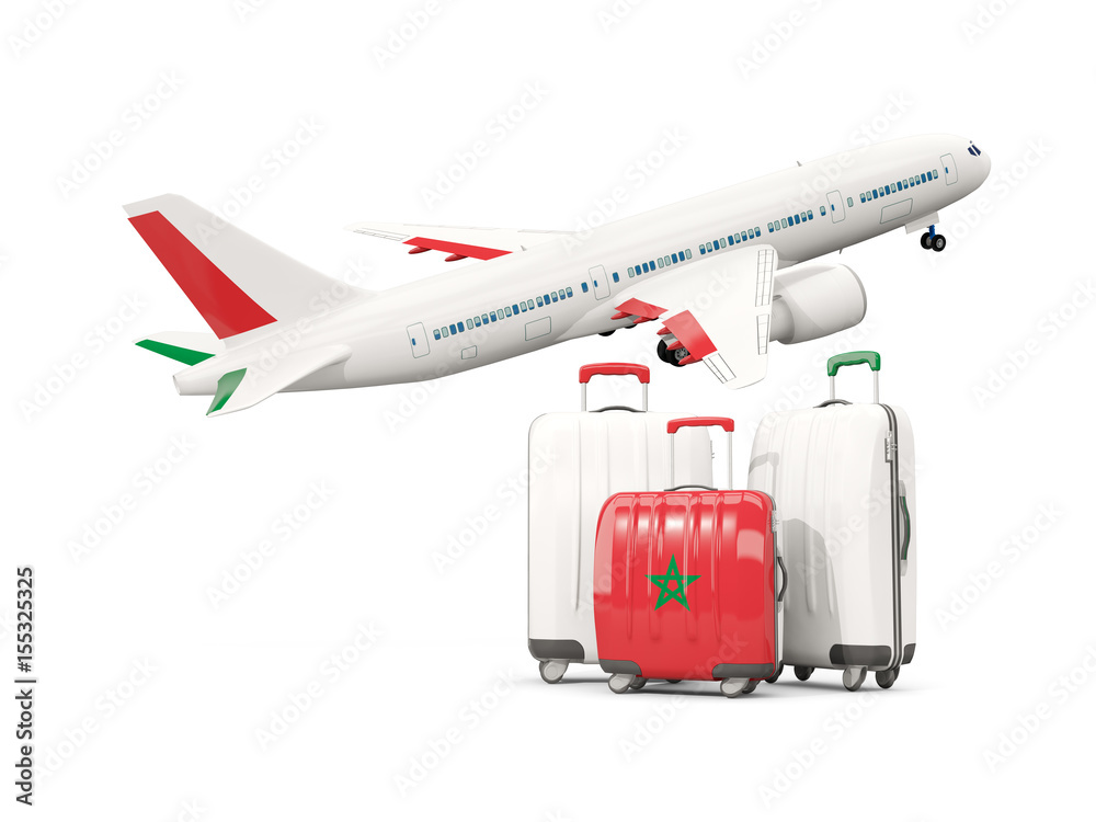 Luggage with flag of morocco. Three bags with airplane