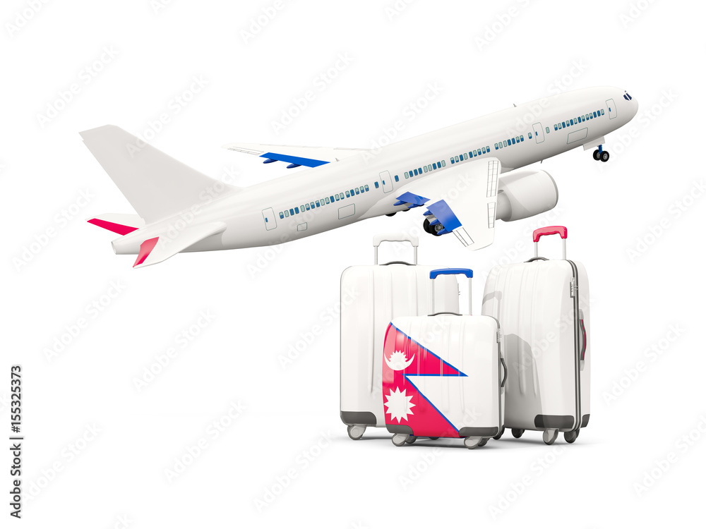 Luggage with flag of nepal. Three bags with airplane