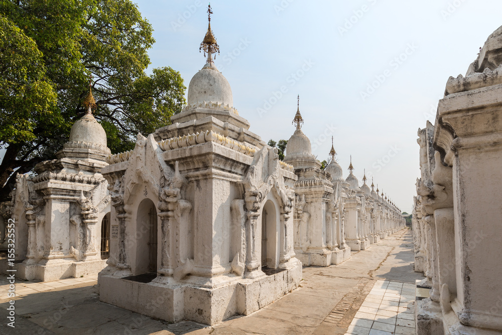 Some of the 729 stupas known as the world's largest book at the Kuthodaw Pagoda in Mandalay, Myanmar (Burma).
