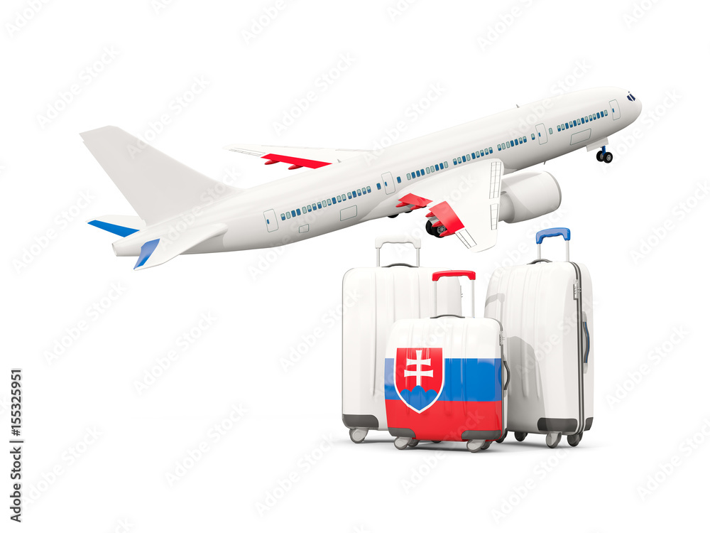Luggage with flag of slovakia. Three bags with airplane