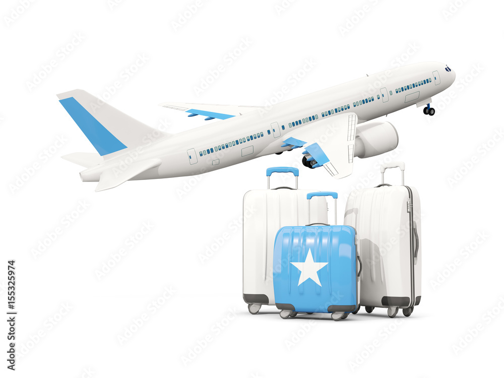 Luggage with flag of somalia. Three bags with airplane