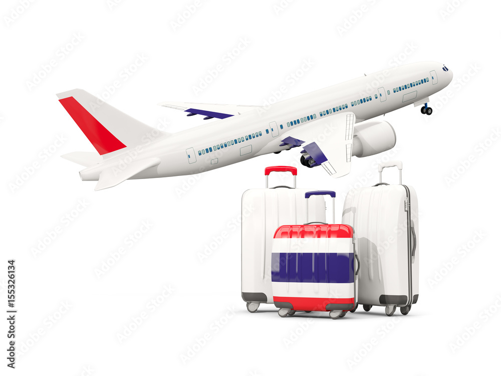 Luggage with flag of thailand. Three bags with airplane