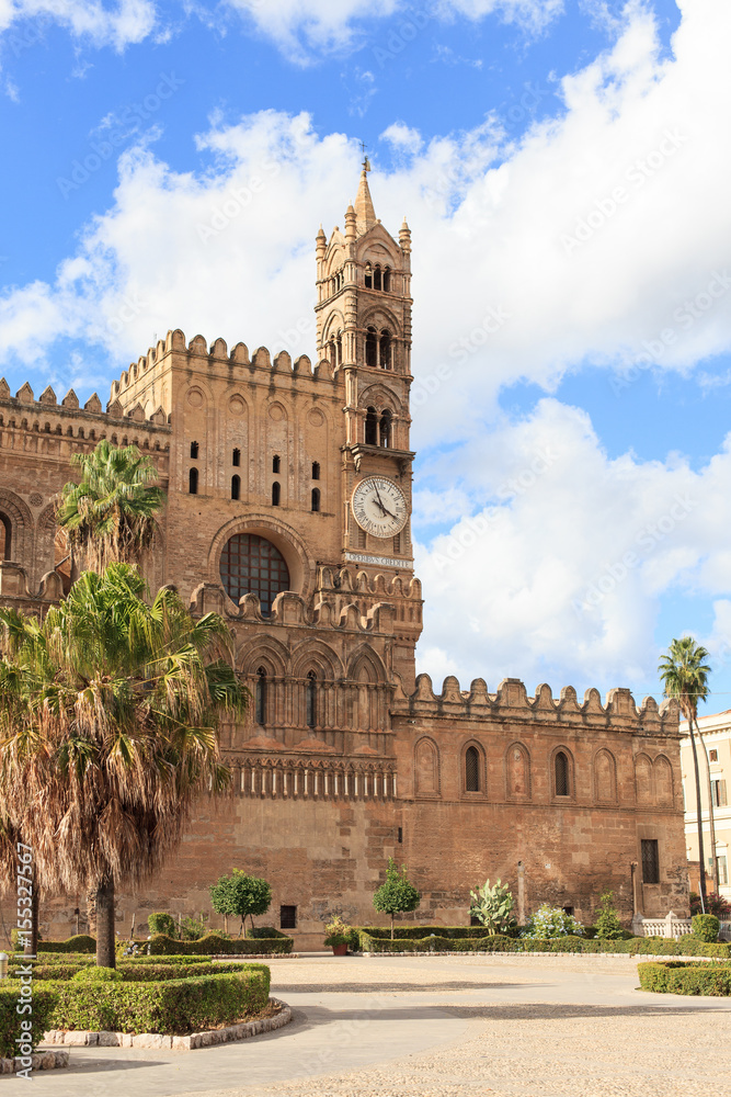 View of Palermo Cathedral and clock tower, Sicily, Italy 