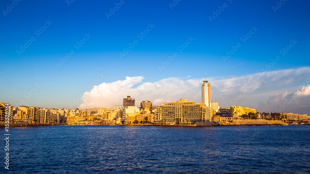Sliema, Malta - Panoramic skyline view of Sliema at golden hour in the morning