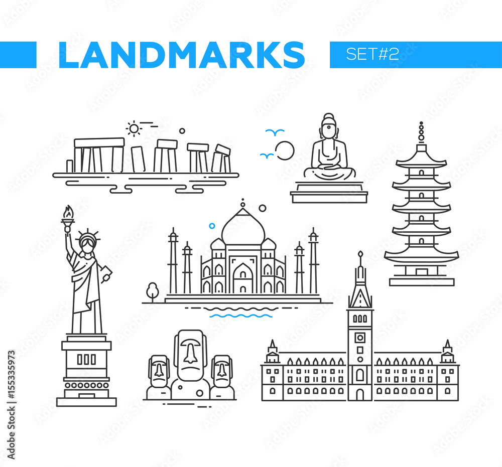 World Famous Landmarks - line design icons set