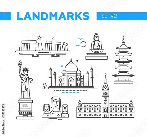 World Famous Landmarks - line design icons set