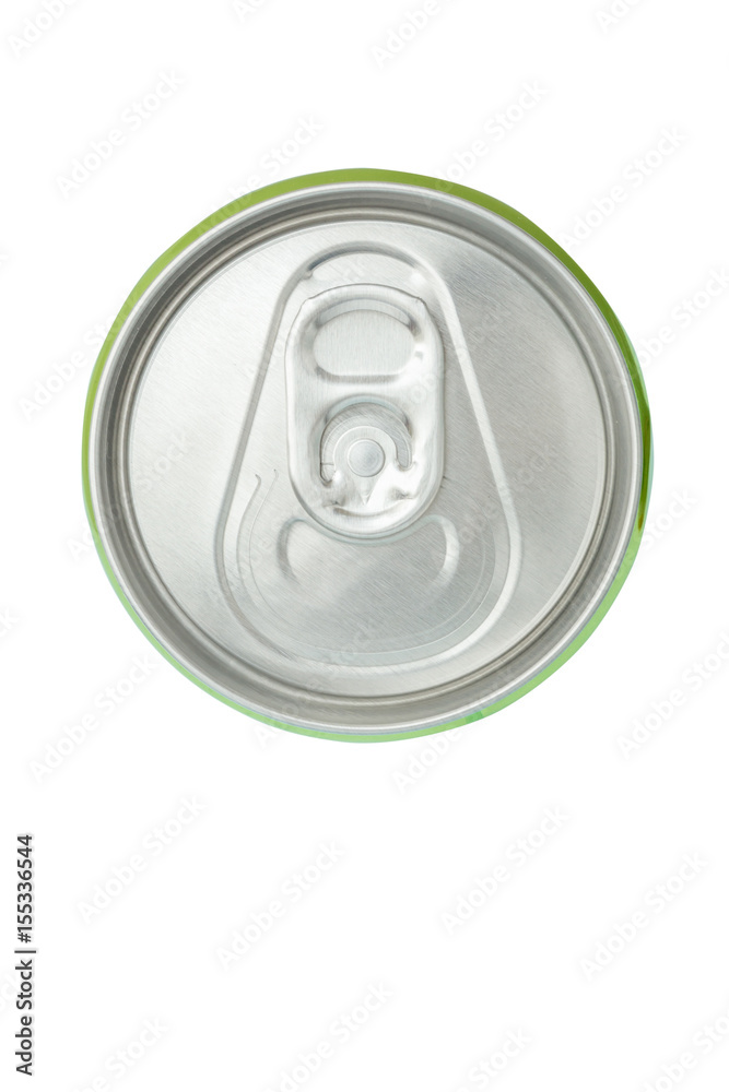 Top view of closed beverage green aluminum can on white background. Top view of closed beverage green aluminum can on white background.