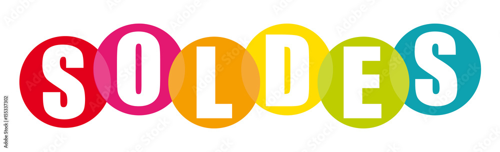 Mot soldes dans boules colorées. Bannière comemrciale.