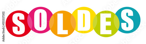 Mot soldes dans boules colorées. Bannière comemrciale.
