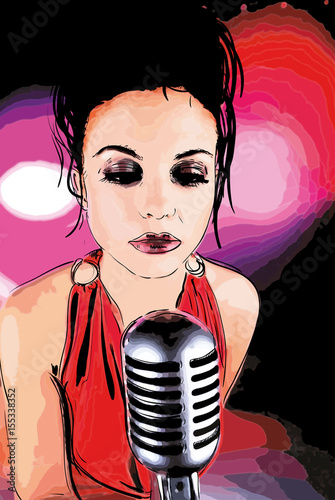 Vector poster with young pretty woman singer. Retro mic