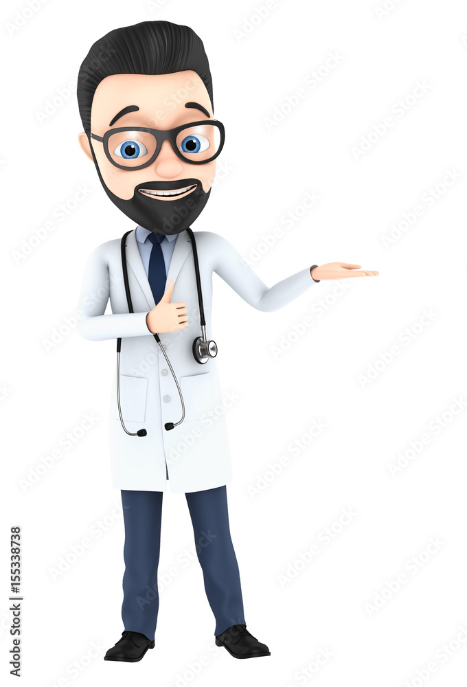 Cheerful doctor showing thumbs up and empty palm. 3d render illustration.