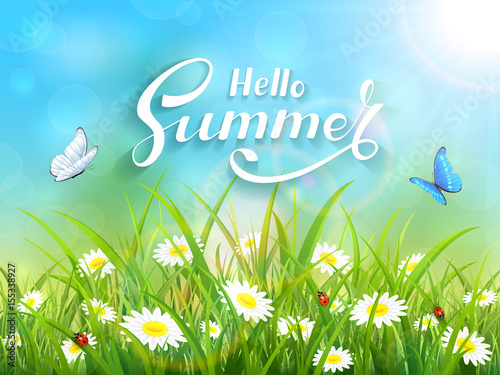 Lettering Hello Summer on blue nature background