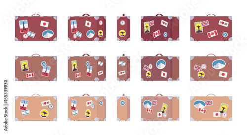 Vintage travel suitcases with retro luggage stickers
