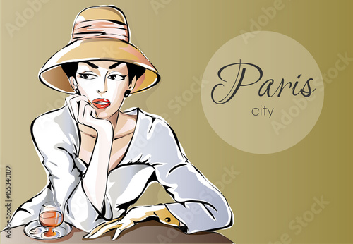 Beautiful Parisien woman sitting at street cafe with glass of wine. Dreaming girl in Paris city vector illustration