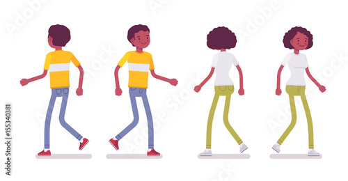 Set of Black or African American young man and woman walking