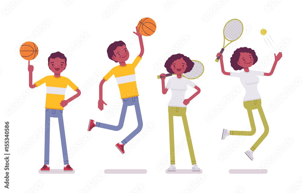 Set of Black or African American young sporty man, woman Set of Black or African American young sporty man, woman