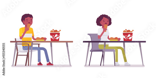 Set of Black or African American young man and woman eating