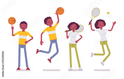 Set of Black or African American young sporty man, woman