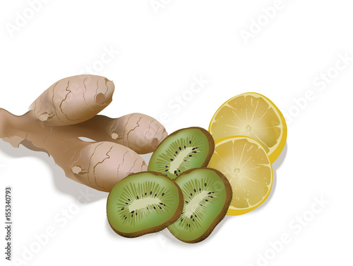 Lemon, ginger and kiwi for a fresh juice or detox smoothie. Vector illustration