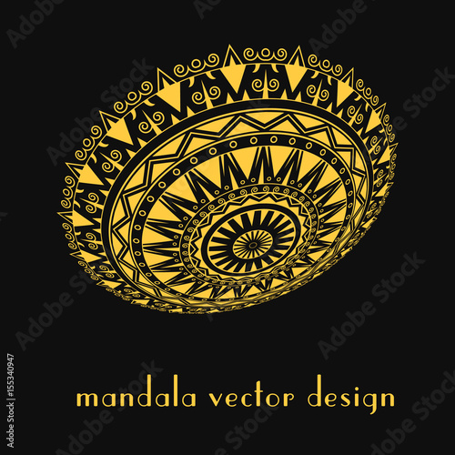 Golden mandala pattern on black background. Brochure