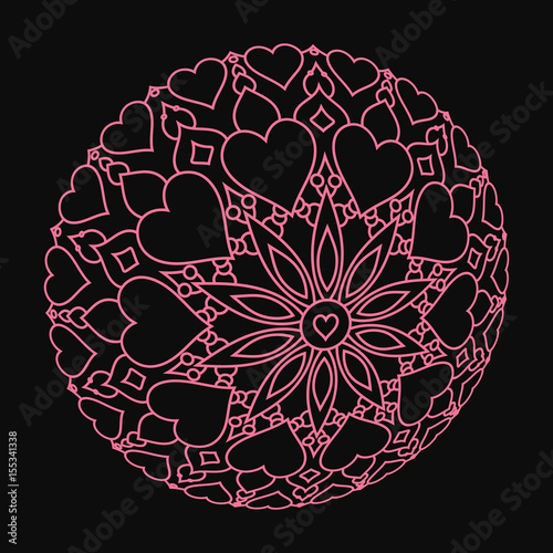 Distorted pink mandala with hearts on black