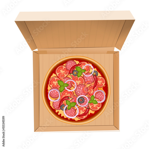 Delicious italian pizza with salami in box isolated on whiteIllustration.